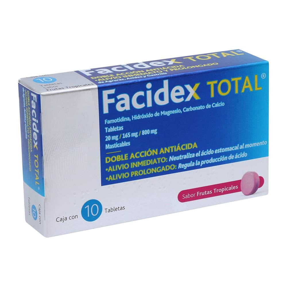 Facidex Total 20Mg/165/800Mg Con 10 Tabletas (Famotidina/Hidroxido De Magensio/Carbonato De Calcio) 7501299307373