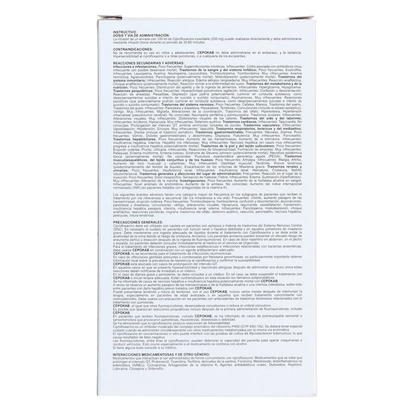Cepokab (Ciprofloxacino) Solucion Inyectable 2 Mg/100 Ml 7501052713625