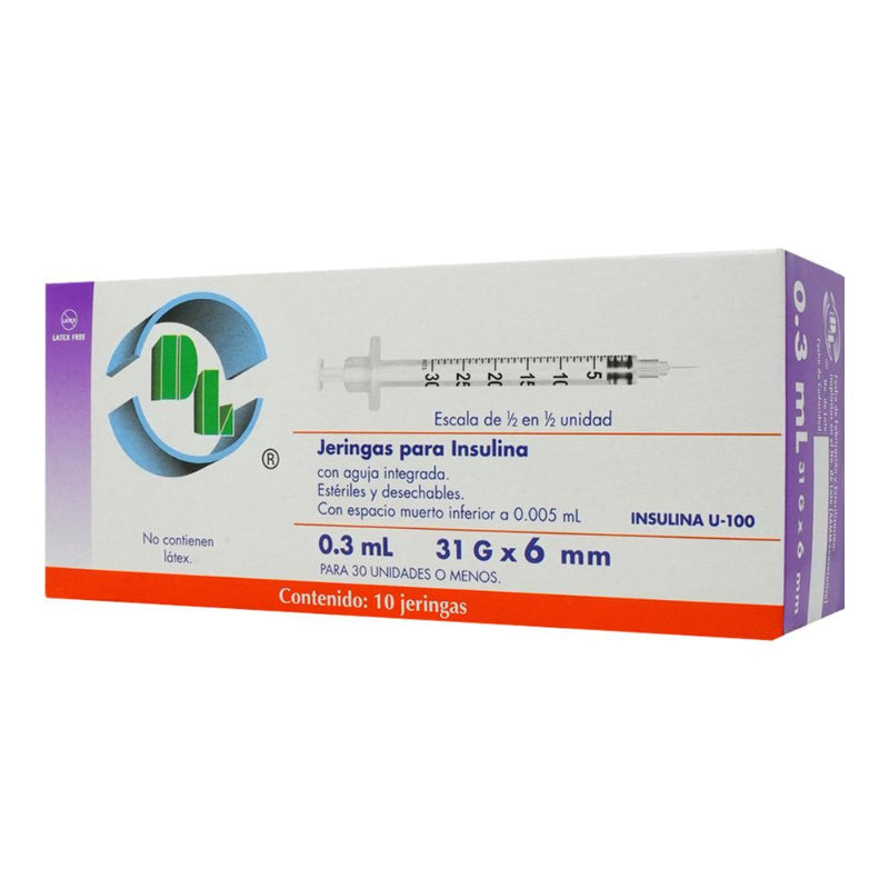 Jeringa Desechable Dl 0.3 Ml Insulina 31 G X 6 Mm Con 10 piezas 7501128119498