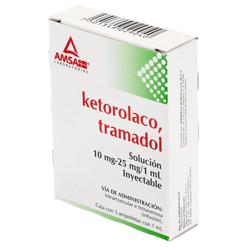 Ketorolaco / Tramadol 10 Mg/25 Mg Con 3 Ampolletas 1 Ml Amsa 7501349029040