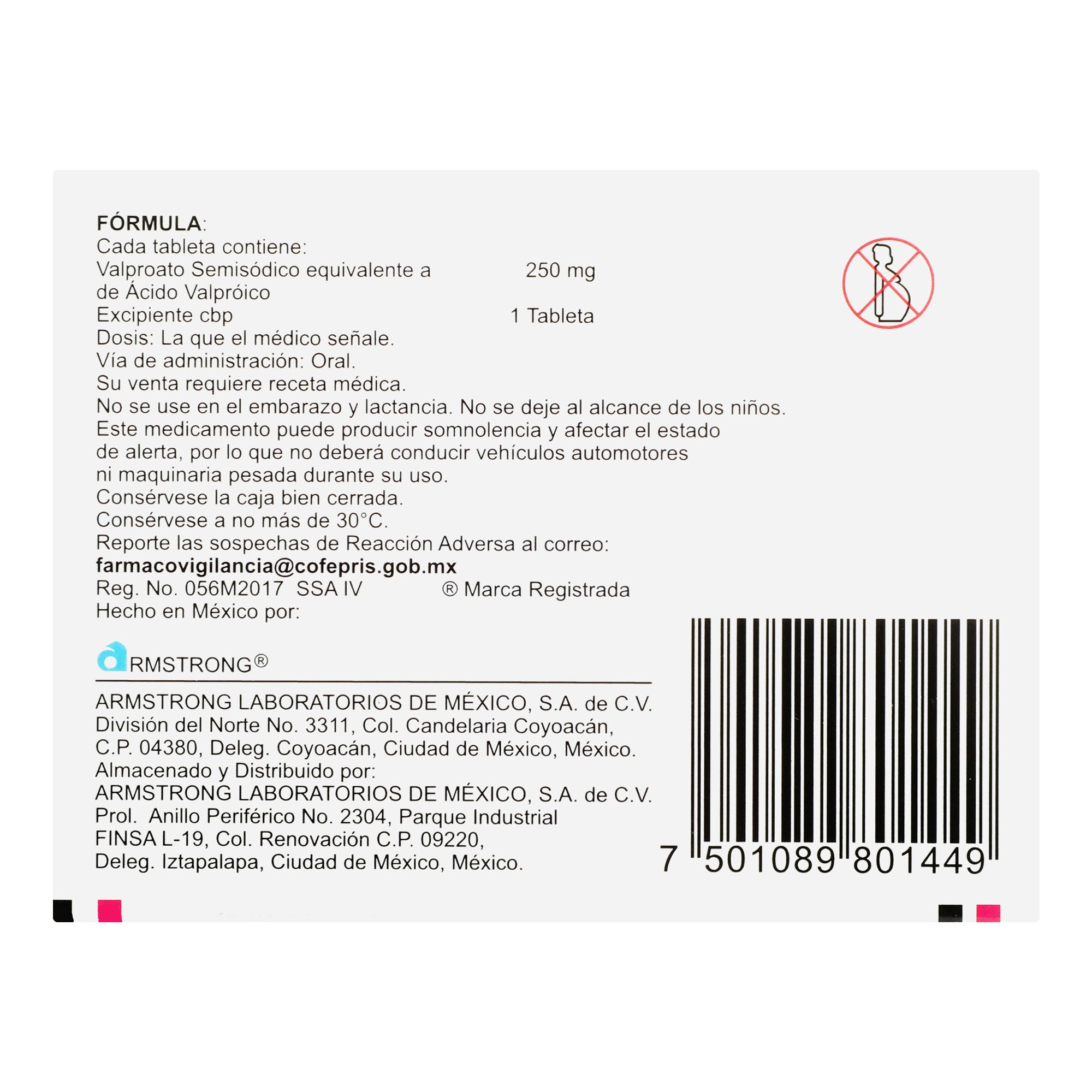 Valprosid 250 Mg Con 30 Tabletas Liberación Retardada 7501089801449 reverso