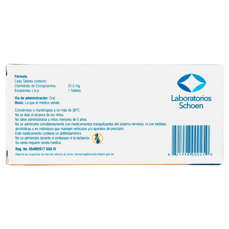Cloropiramina 25 Mg Con 20 Tabletas Schoen