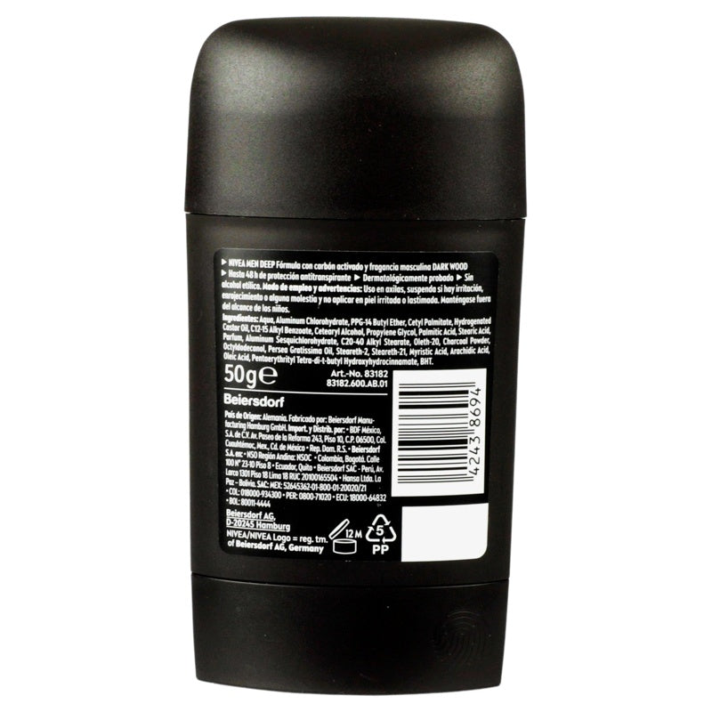 Desodorante Nivea Deep Dark Carbon 48H 50 Gr Barra perfil 7