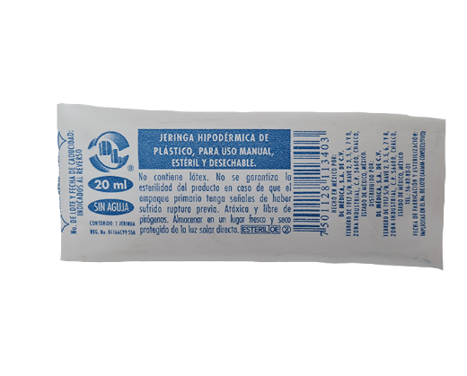 Jeringa 20Ml Sin Aguja Con 1 Pieza Dl 7501128113403
