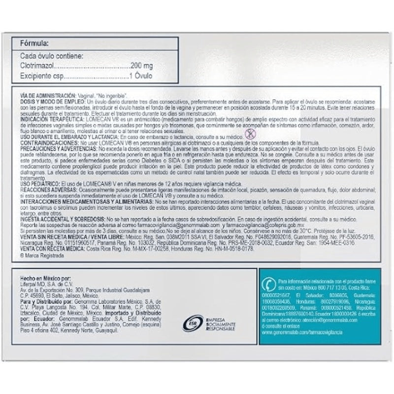 Lomecan V 200 Mg Con 3 Óvulos Vag