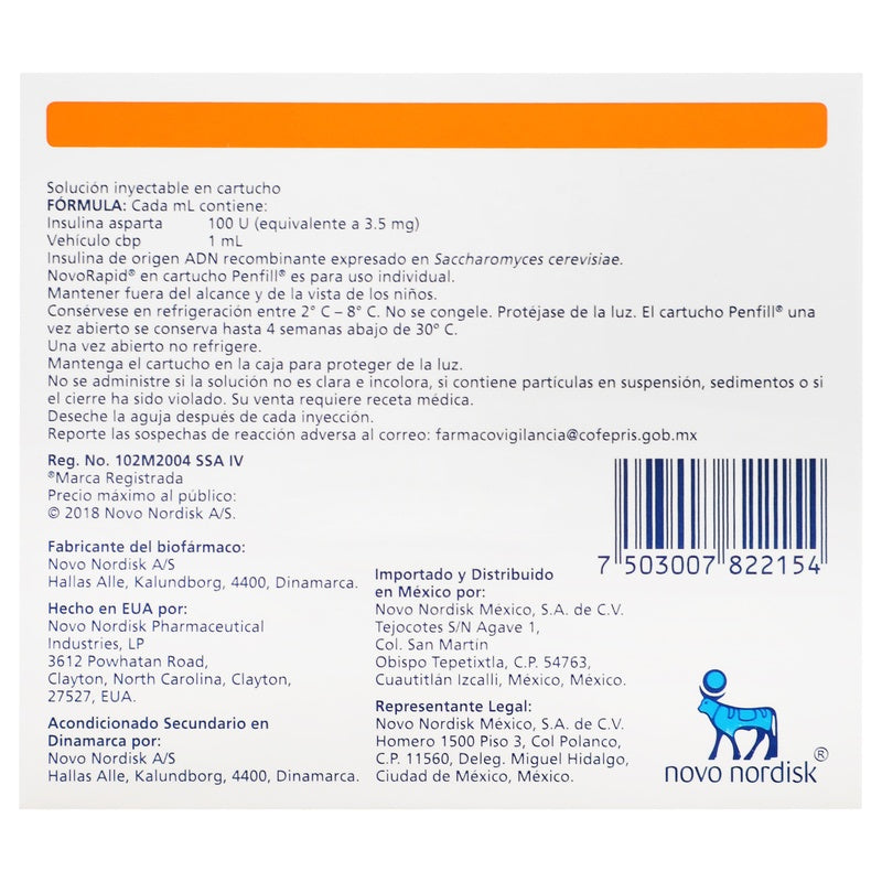 Novorapid 100Ui / Ml 3 Mlx5 Penfill Cart 7503007822154 perfil 2