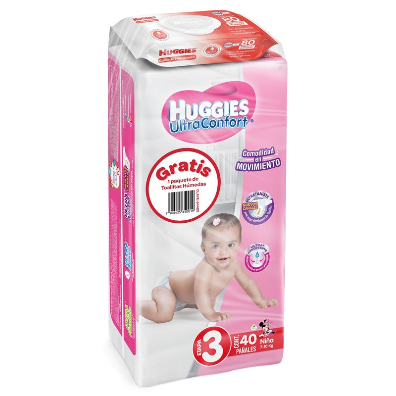 Pañal Huggies Ultra Conf Etapa 3 Niña Con 40 + Toalla Humedas perfil 2