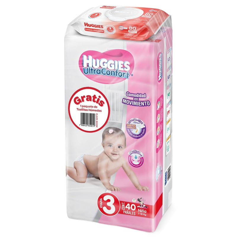 Pañal Huggies Ultra Conf Etapa 3 Niña Con 40 + Toalla Humedas perfil 3