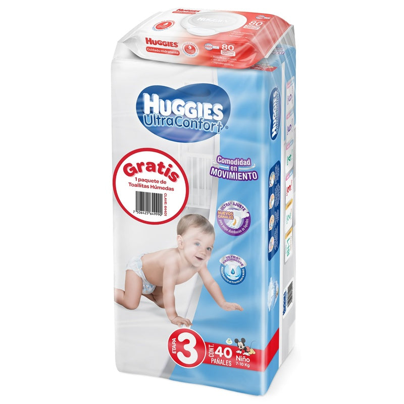 Pañal Huggies Ultra Conf Etapa 3 Niño + Toalla Humedas perfil 3