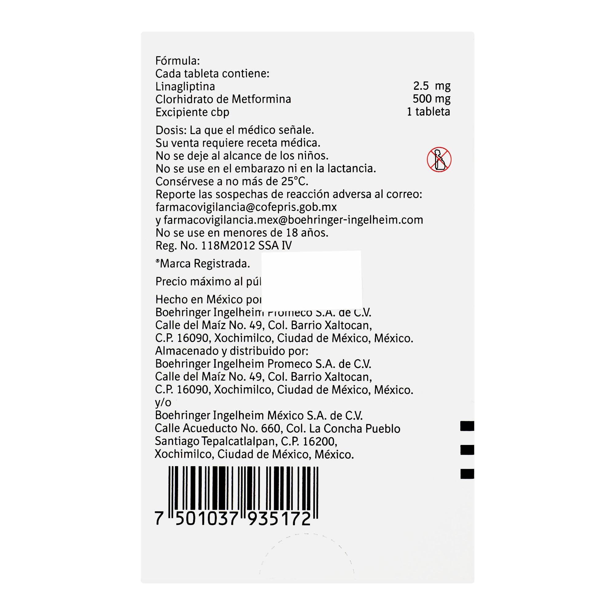 Trayenta Duo 2.5Mg/500Mg Con 30 Tabletas (Linagliptina/Metformina) 7501037935172