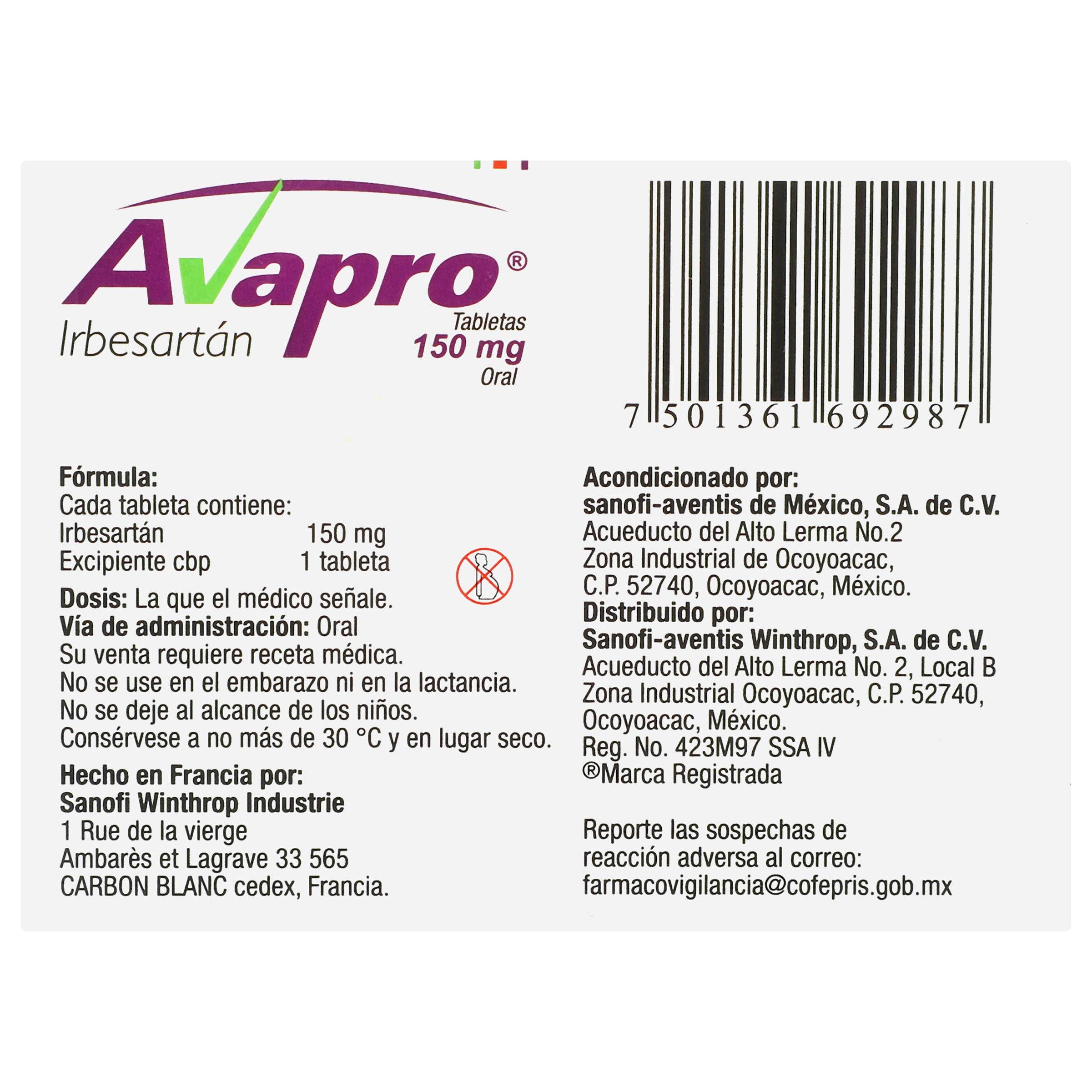 Avapro 150Mg Con 28 Tabletas (Irbesartan) 7501361692987