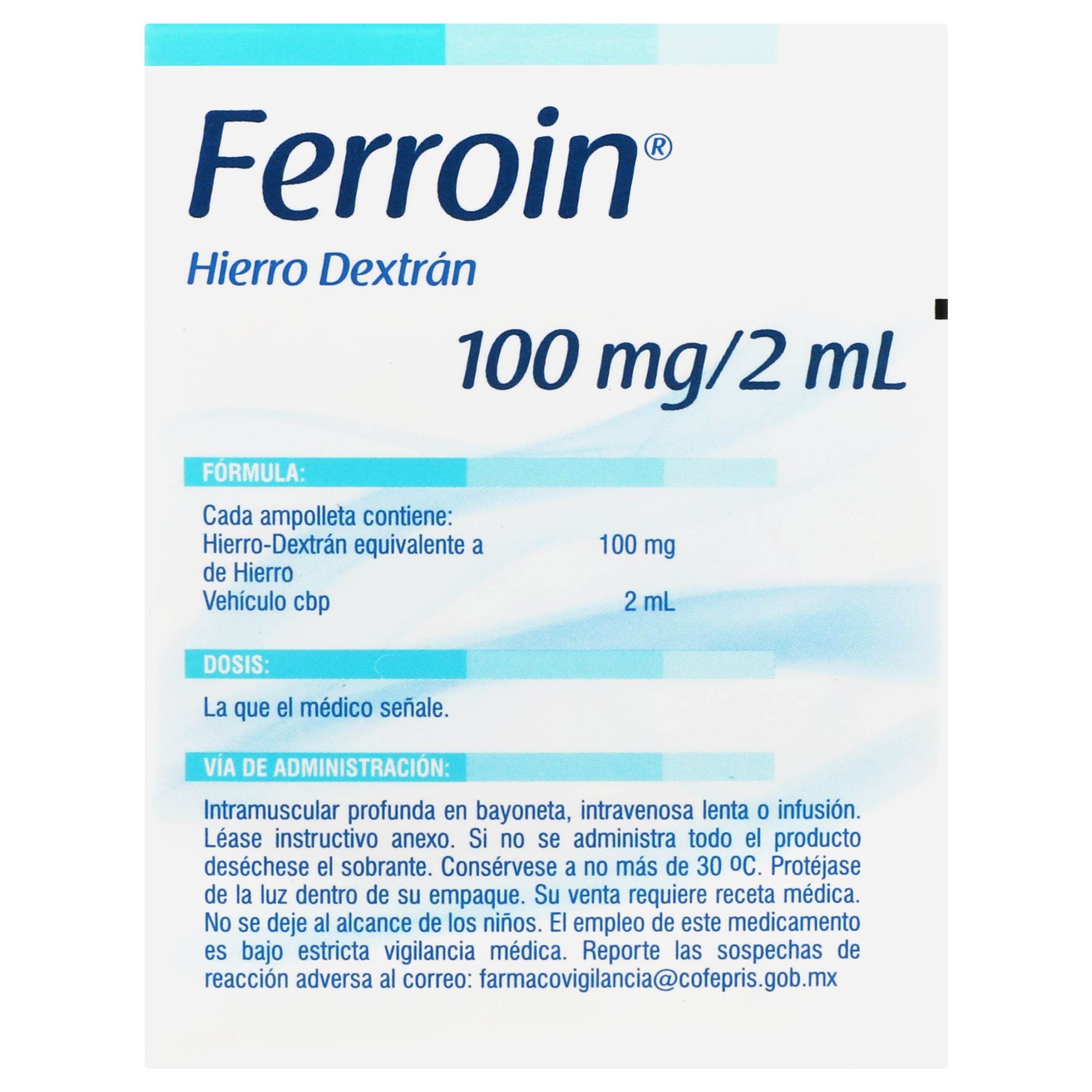 Ferroin 100Mg/2Ml Con 3 Ampulas (Hierro Dextrano) 7501125117701