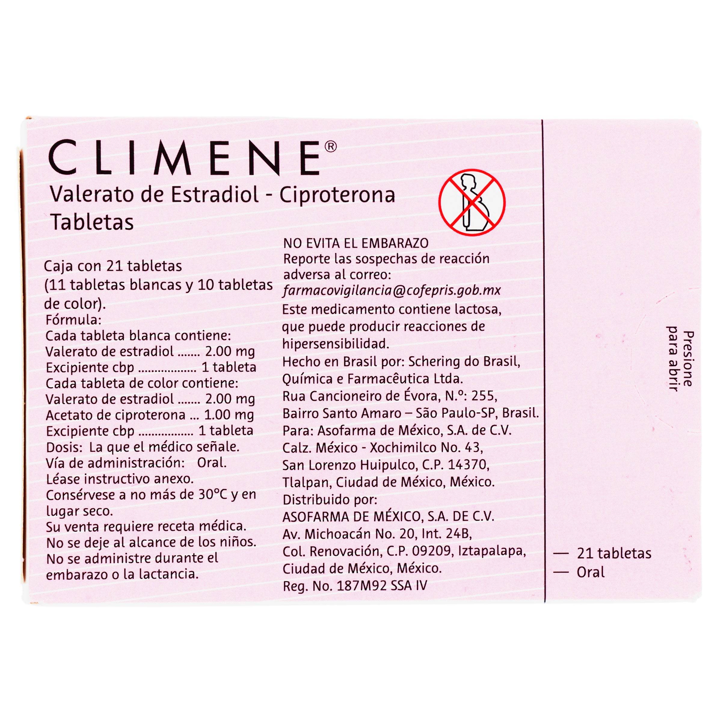 Climene 2Mg/1Mg Con 21 Tabletas (Valerato De Estradiol/Ciproterona) 7896006202523