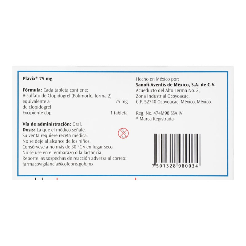 Plavix 75 Mg Con 28 Comprimidos