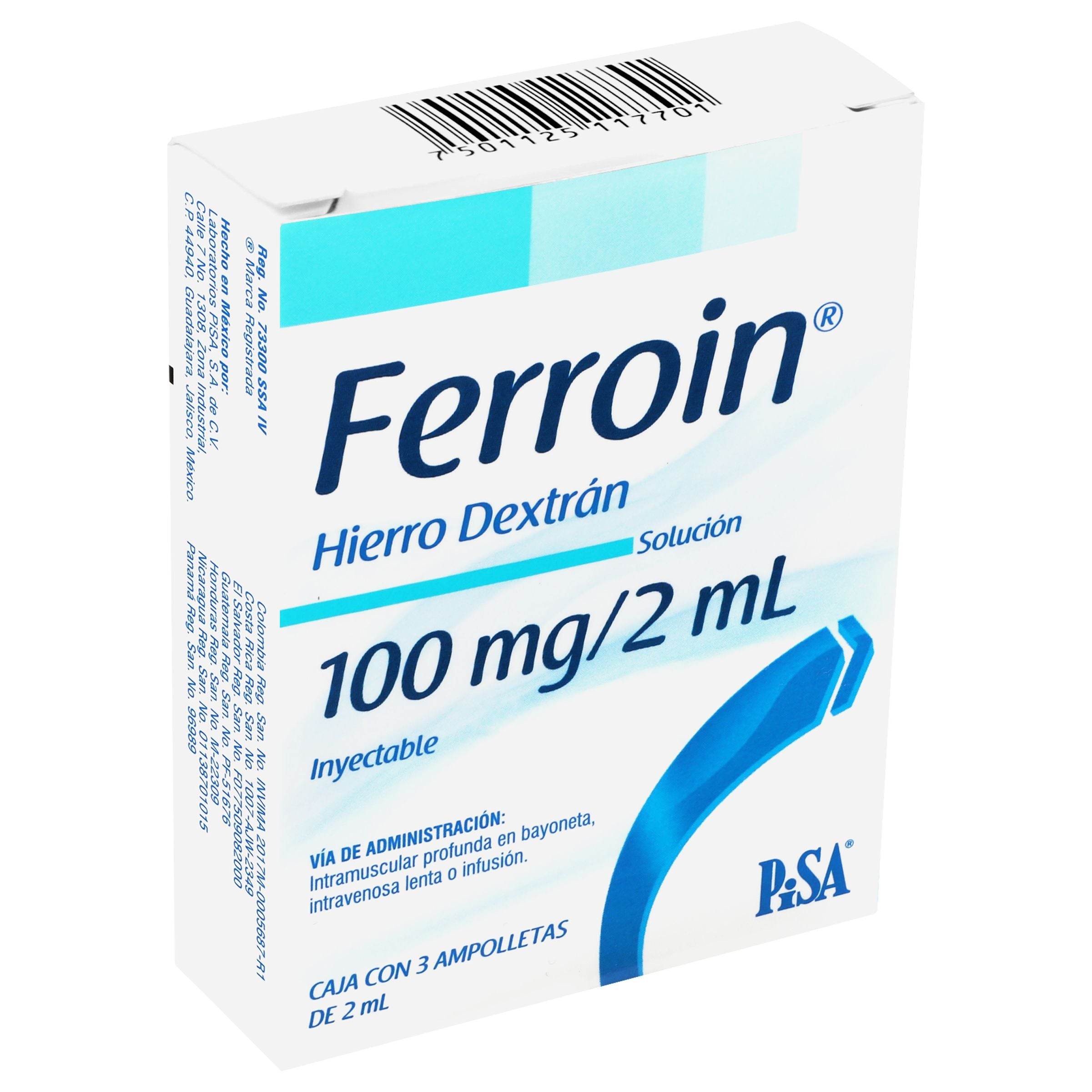 Ferroin 100Mg/2Ml Con 3 Ampulas (Hierro Dextrano) 7501125117701