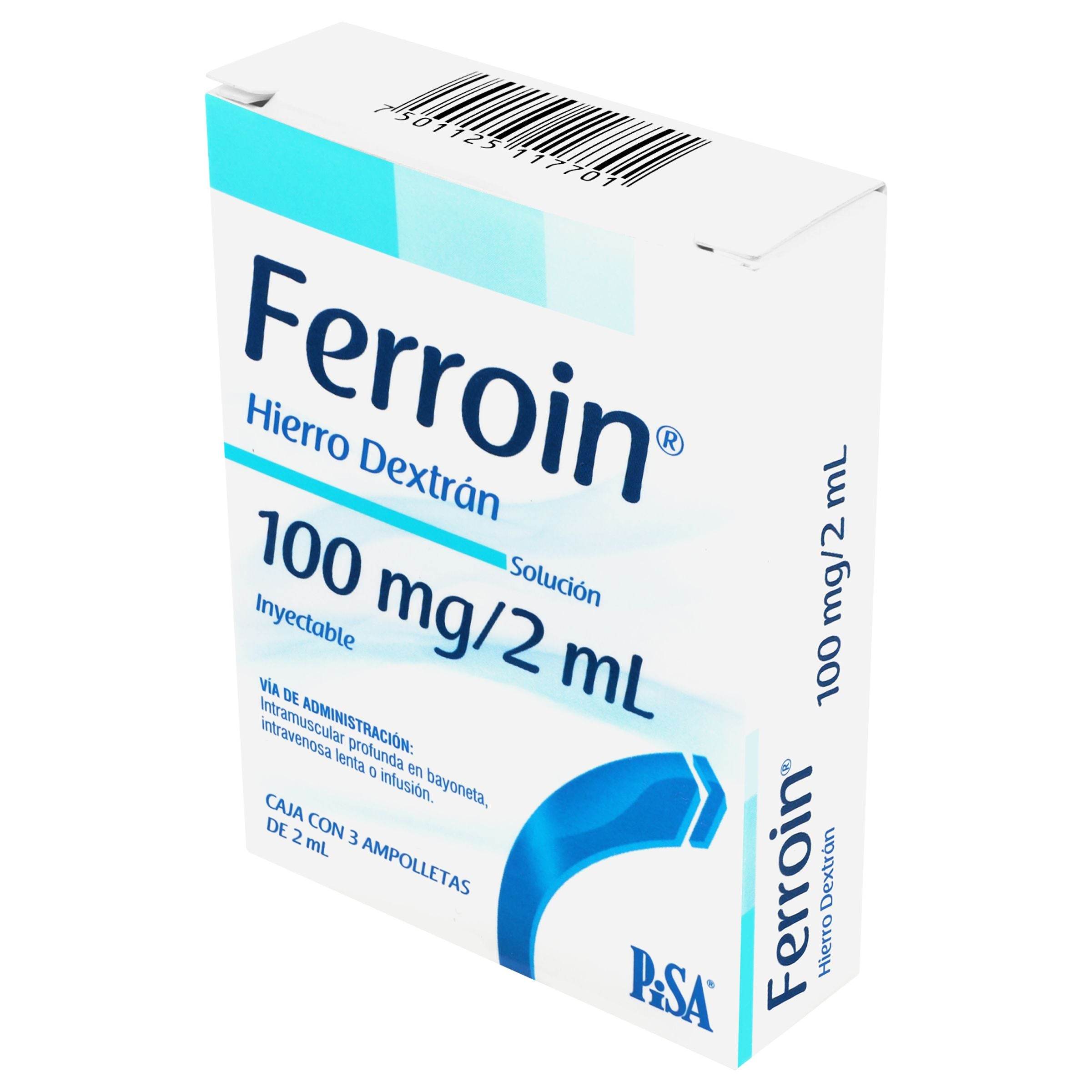 Ferroin 100Mg/2Ml Con 3 Ampulas (Hierro Dextrano) 7501125117701