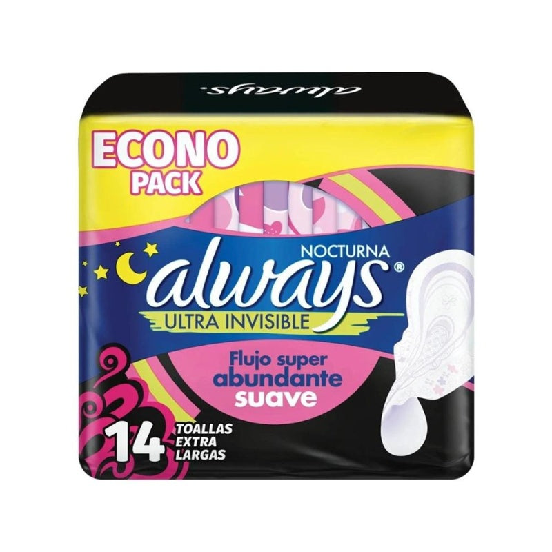 Toallas Sanitarias Always U-Fina Nocturno Con Alas 14 Piezas