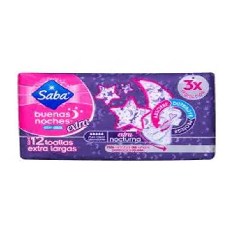 Toallas Sanitarias Saba Buenas Noches Extra Larga Alas 12 Pads 7501019036590