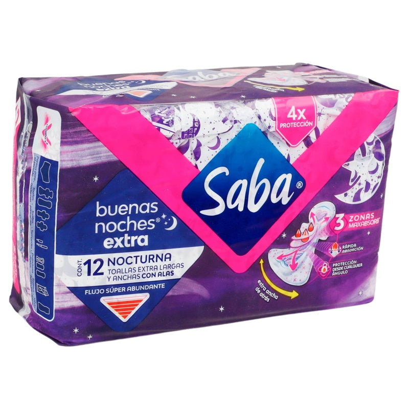 Toallas Sanitarias Saba Buenas Noches Extra Larga Alas 12 Pads 7501019036590 perfil 2