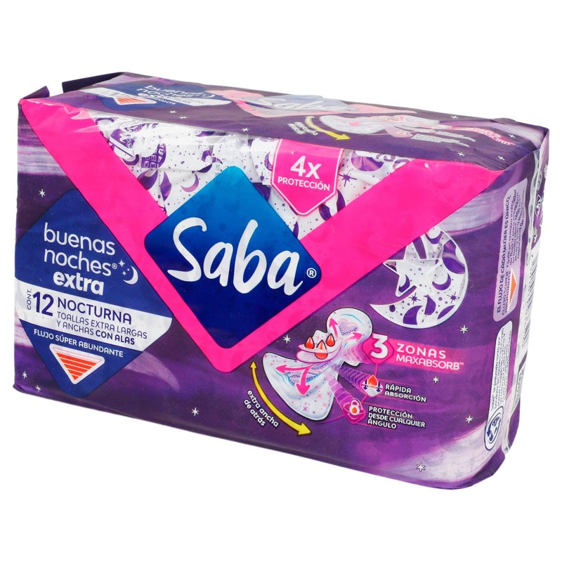 Toallas Sanitarias Saba Buenas Noches Extra Larga Alas 12 Pads 7501019036590 perfil 4