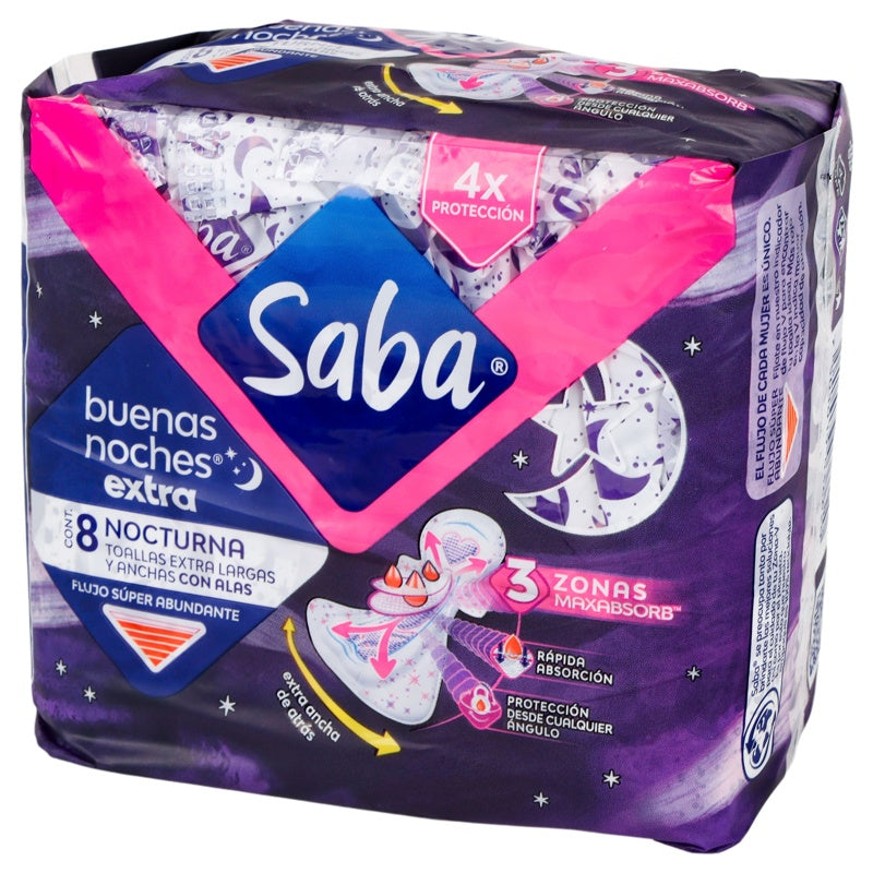 Toallas Sanitarias Saba Buenas Noches Extra Larga Alas 8 Pads