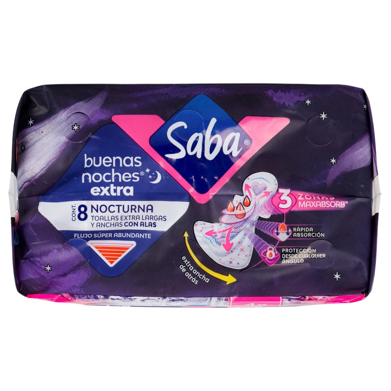 Toallas Sanitarias Saba Buenas Noches Extra Larga Alas 8 Pads