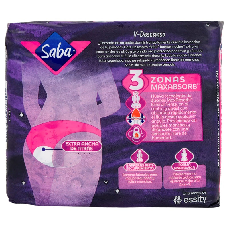 Toallas Sanitarias Saba Buenas Noches Extra Larga Alas 8 Pads