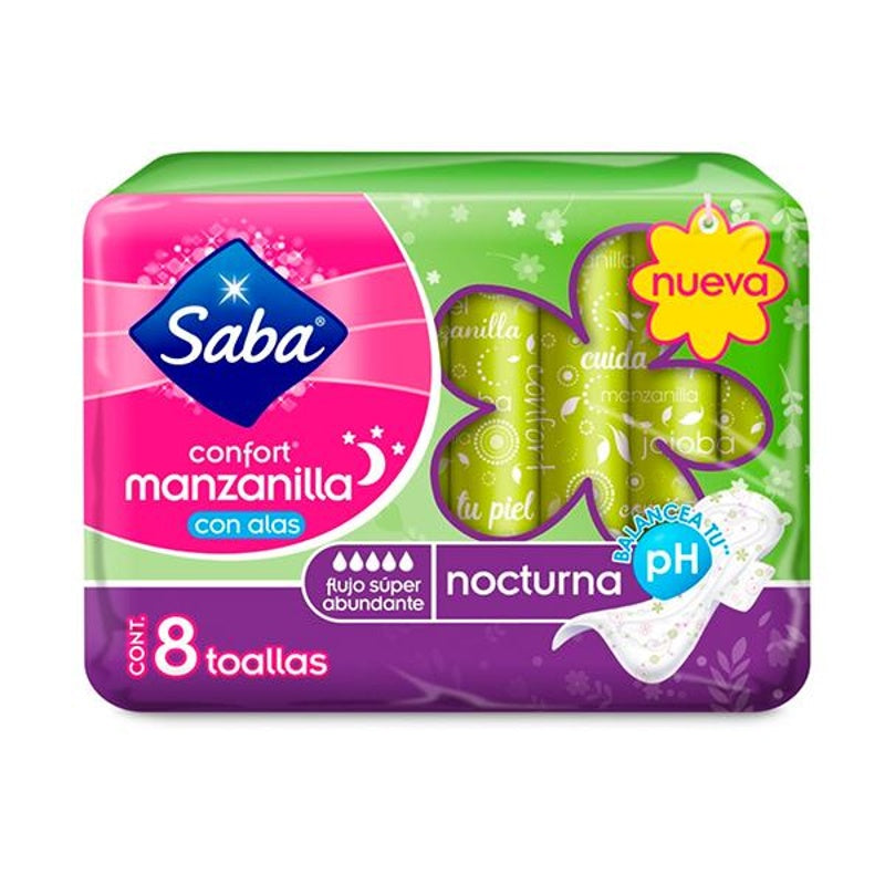 Toallas Sanitarias Saba Conf Manzanilla Nocturno Con Alas 8 Piezas