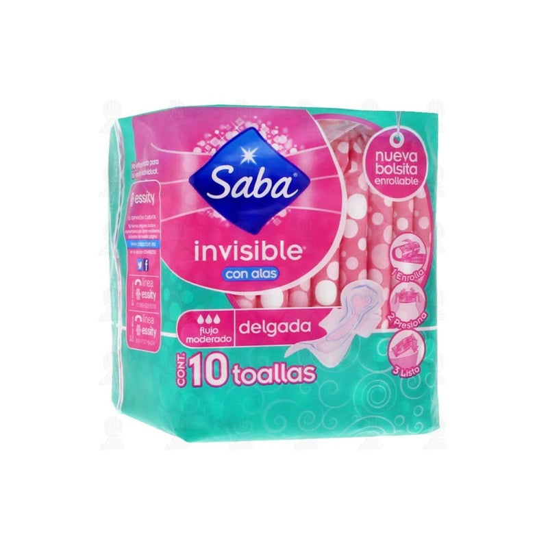 Toallas Sanitarias Saba Invisible Alas 10 Piezas 7501019006371