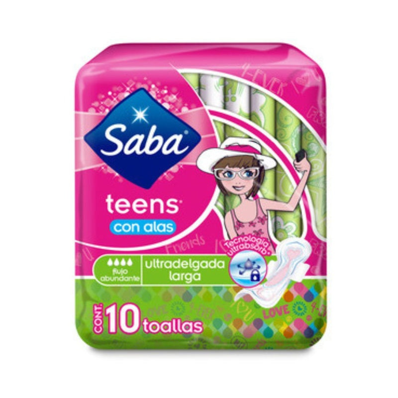 Toallas Sanitarias Saba Teens Larga Alas 10 Pads 7501019002014