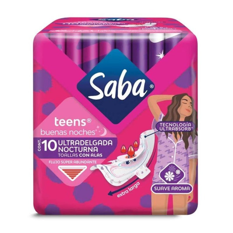 Toallas Sanitarias Saba Teens Nocturna Alas 10 Pads