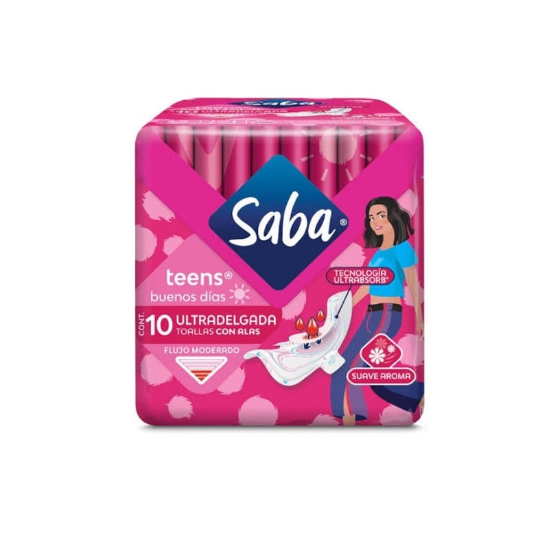 Toallas Sanitarias Saba Teens Normal Alas 10 Pads 7501019002007