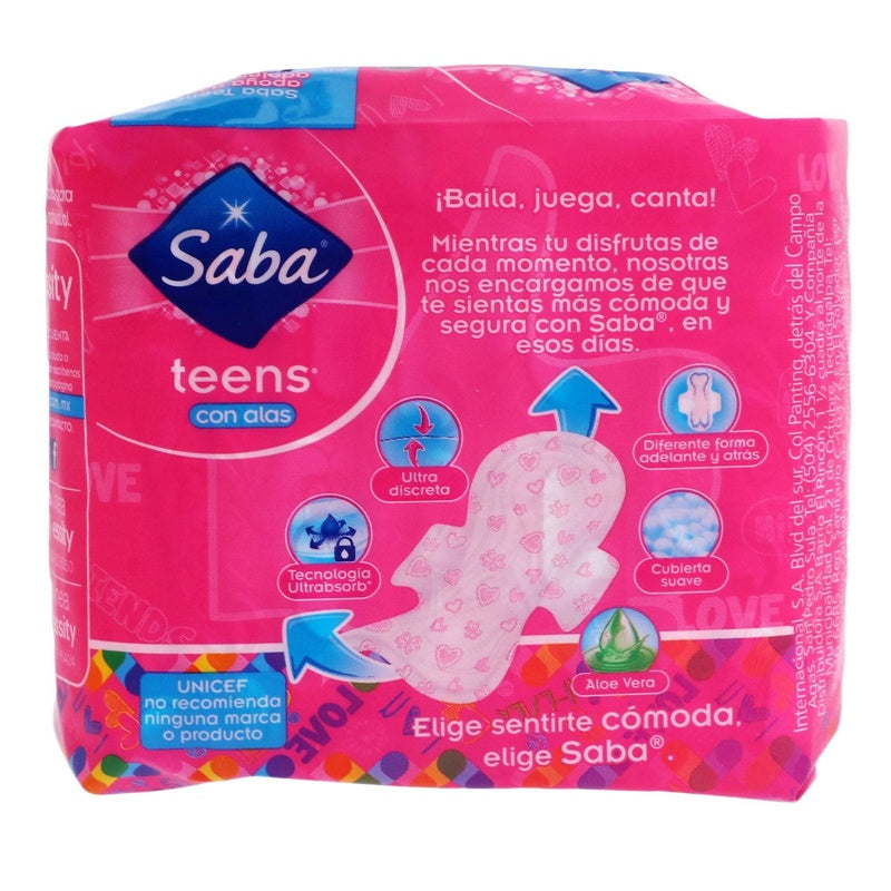 Toallas Sanitarias Saba Teens Normal Alas 10 Pads 7501019002007 perfil 4