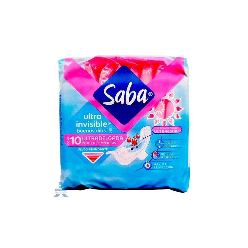 Toallas Sanitarias Saba Ultrainvisible Alas 10 Pads 7501019006296