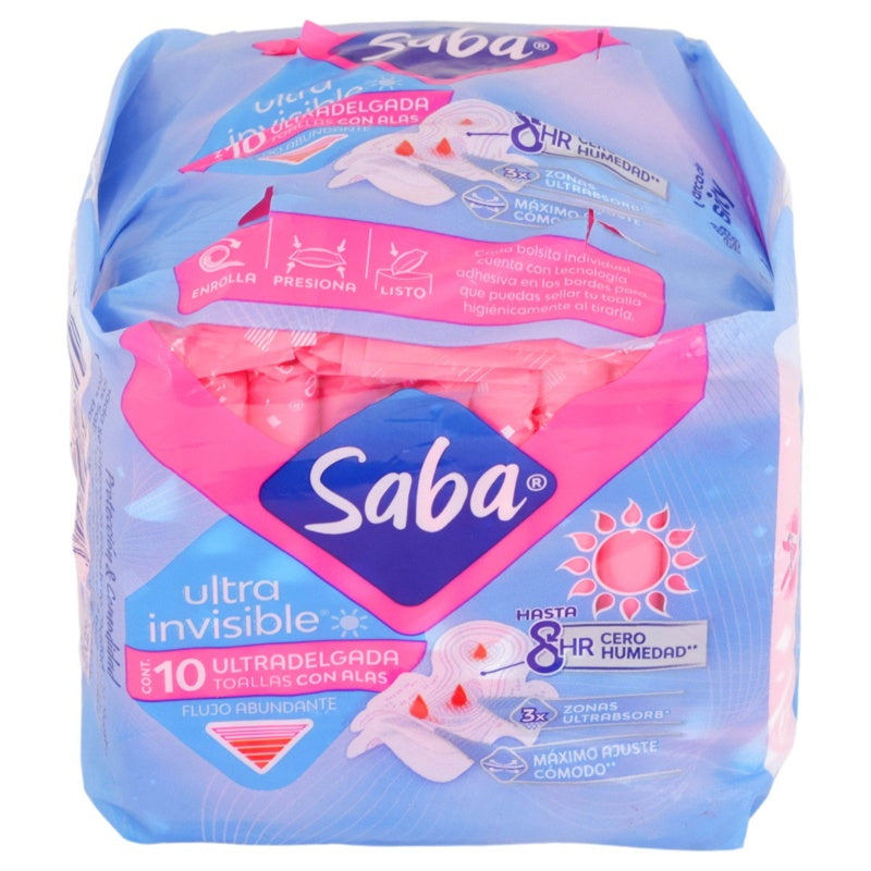 Toallas Sanitarias Saba Ultrainvisible Alas 10 Pads 7501019006296 perfil 3